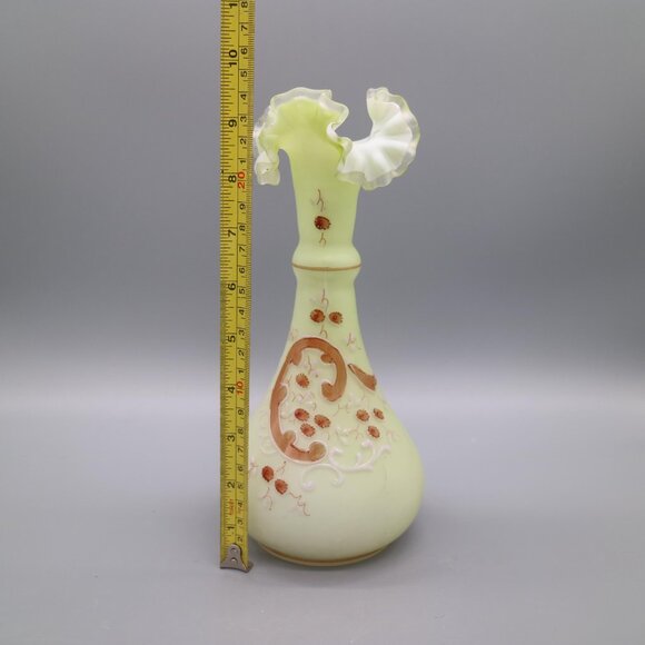 Vintage Steven & Williams Style Hand Painted Green Satin Art Glass 10" Vase - Picture 6 of 6